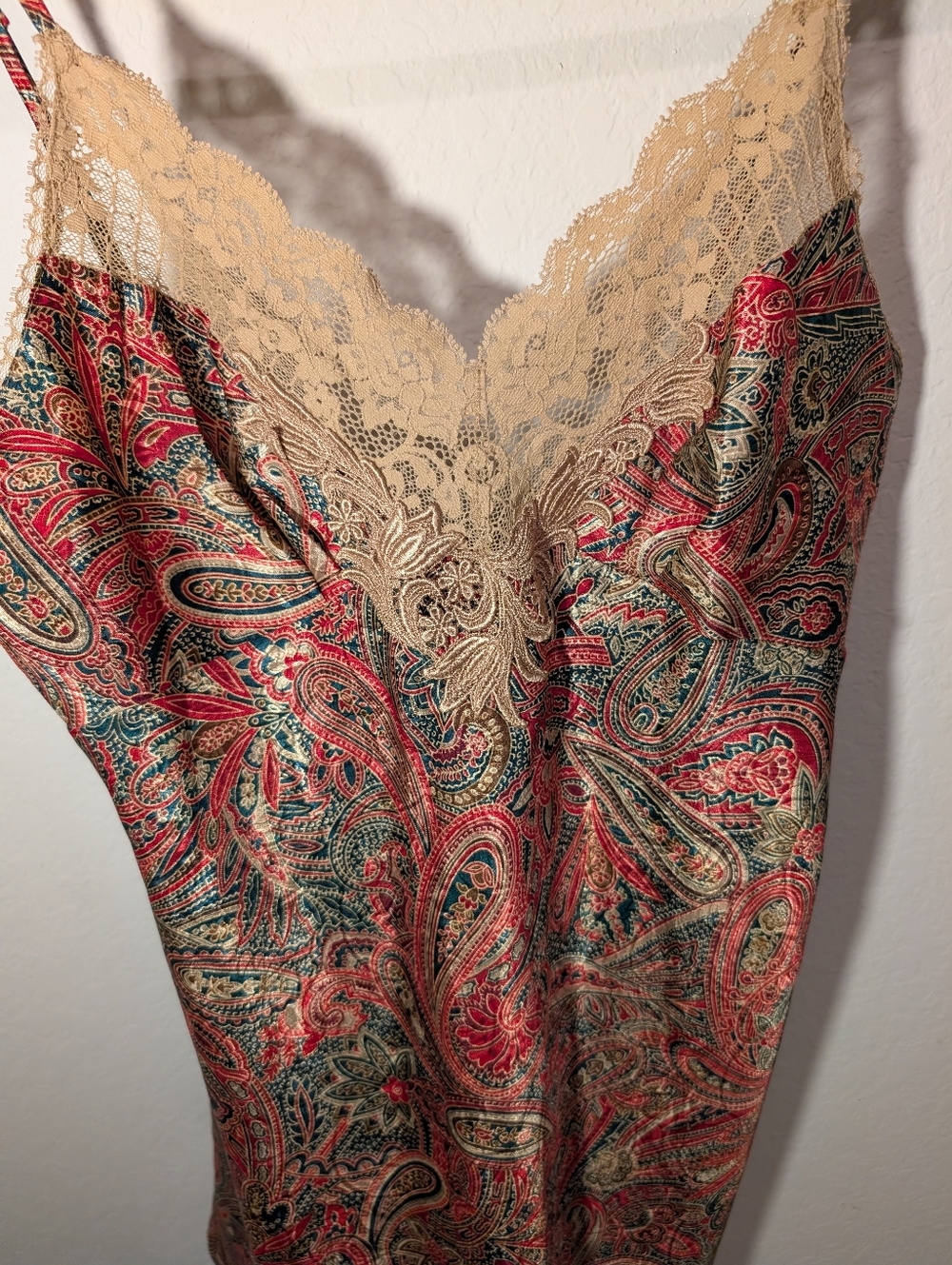 Victoria's Secret Paisley Satin Slip Dress in Red, Green and Beige Lace - Picture 3 of 7